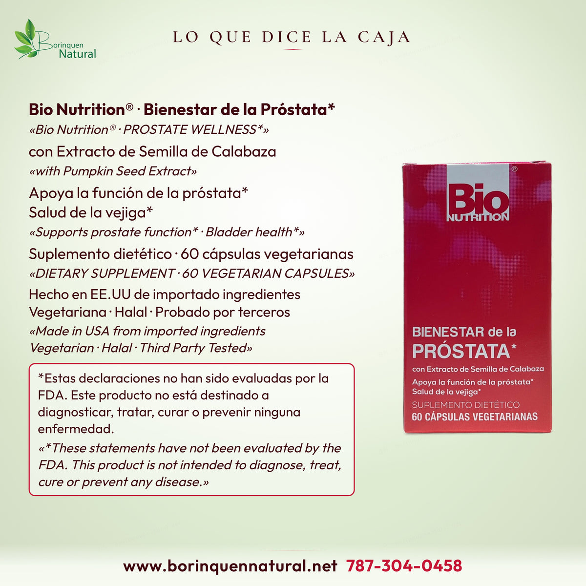 Lo que dice la caja de Bienestar de la Próstata Bio Nutrition: extracto de semilla de calabaza, 60 cápsulas vegetarianas