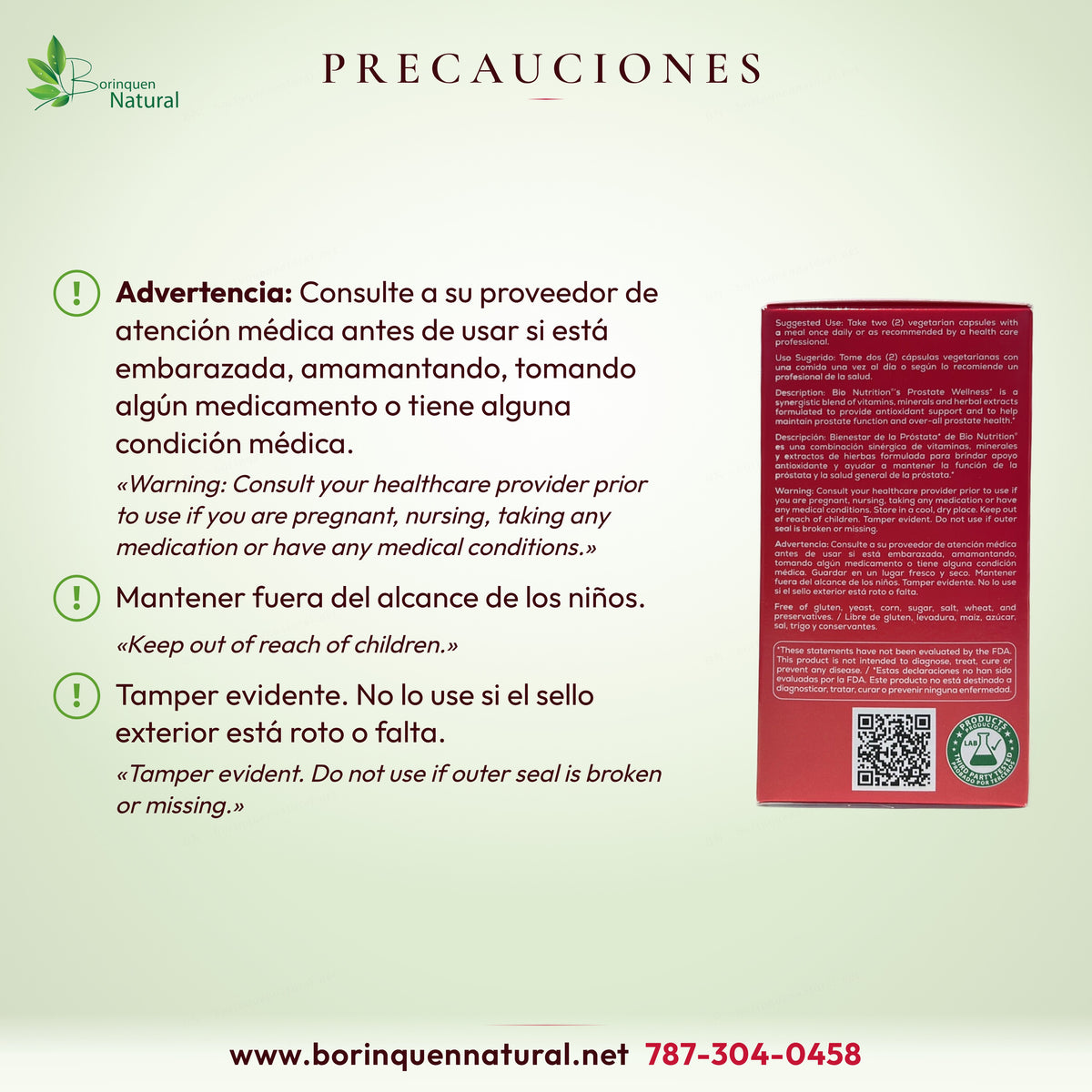 Precauciones de Bienestar de la Próstata Bio Nutrition: consulte a su proveedor antes de usar; fuera del alcance de los niños