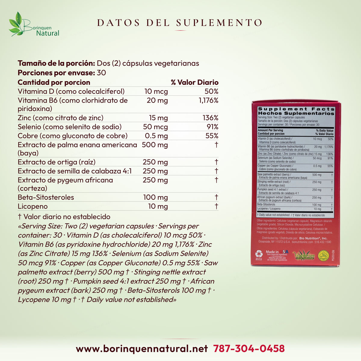 Datos del suplemento de Bienestar de la Próstata Bio Nutrition: vitamina D, B6, zinc, selenio, cobre, palma enana y otros