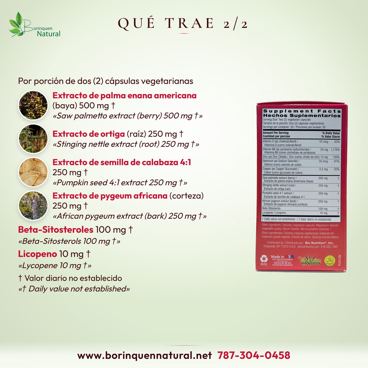 Qué trae de Bienestar de la Próstata Bio Nutrition, 2 de 2: extractos de palma enana americana, ortiga, calabaza y pygeum