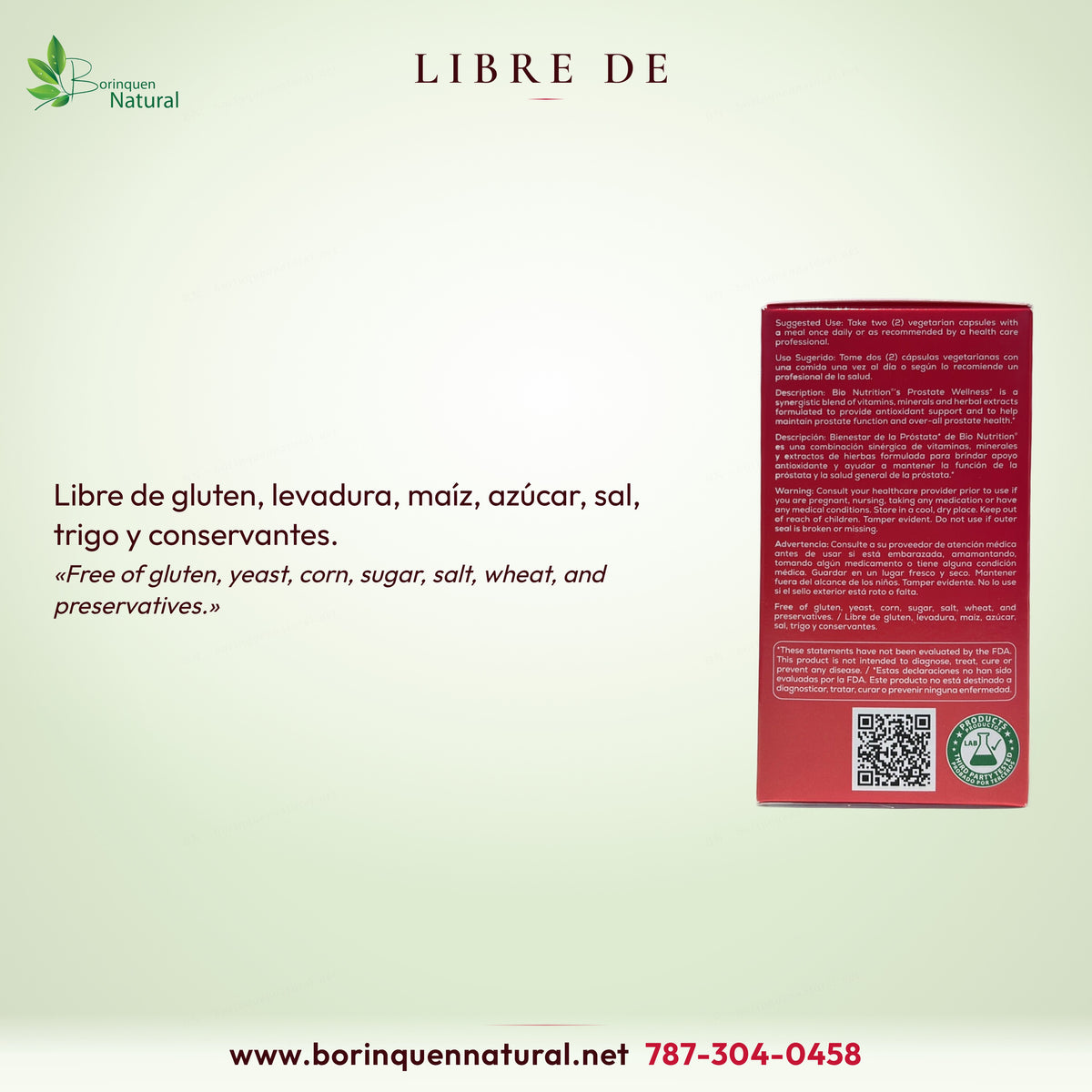 Bienestar de la Próstata Bio Nutrition: libre de gluten, levadura, maíz, azúcar, sal, trigo y conservantes