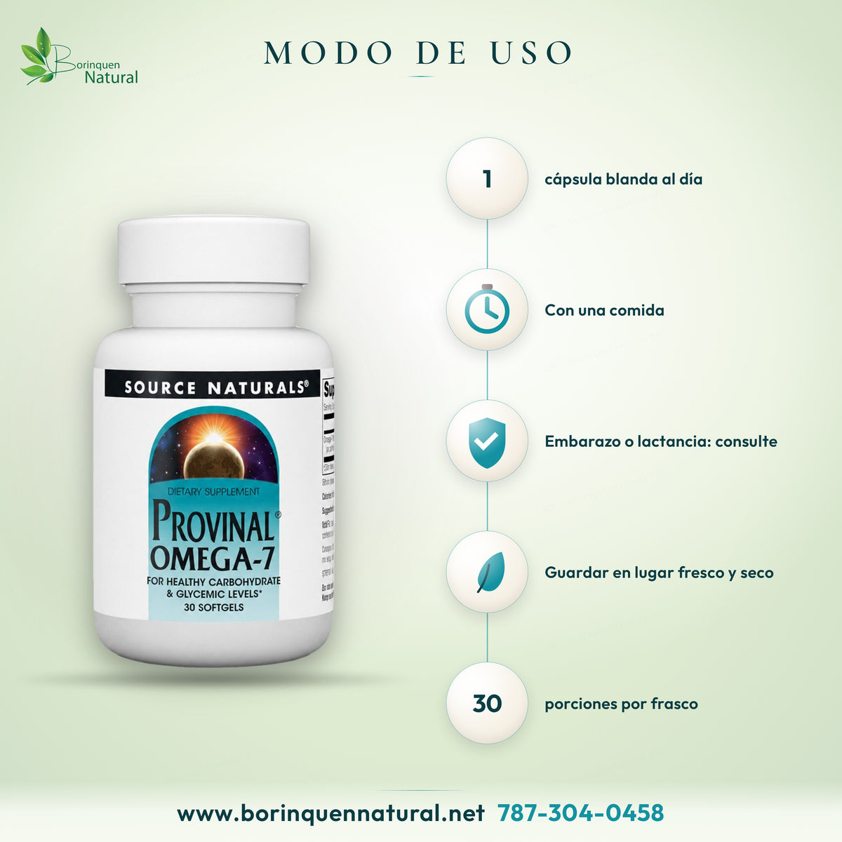 Modo de uso del Provinal Omega-7 de Source Naturals: 1 cápsula blanda al día con una comida