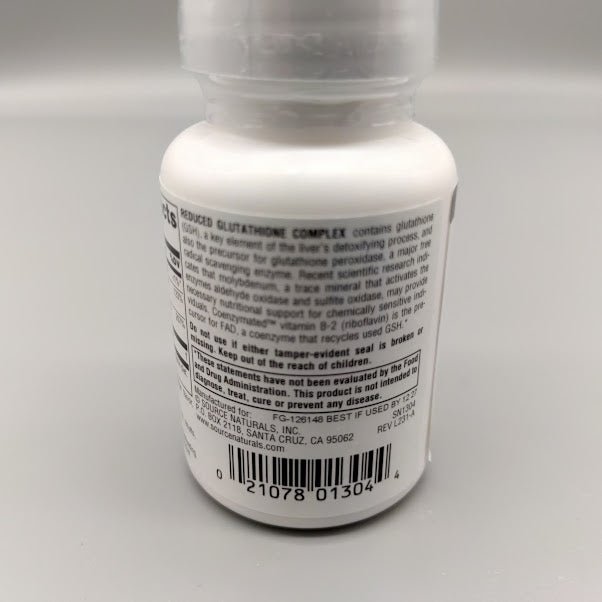 Glutatión reducido 50 mg Source Naturals, 50 pastillas sabor naranja para disolver en la boca — vista posterior del envase