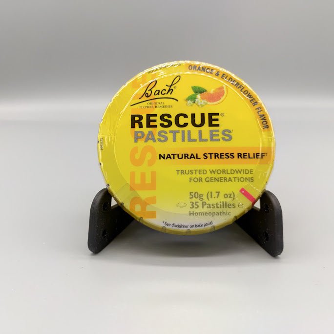Lata de RESCUE Pastilles de Bach por el frente: Orange & Elderflower Flavor, Natural Stress Relief, 50 g, 35 Pastilles