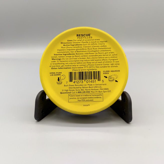 Lata de Rescue Pastilles por detrás: Uses, Directions, ingredientes 5X (HPUS), Warnings y código 7 41273 01451 5