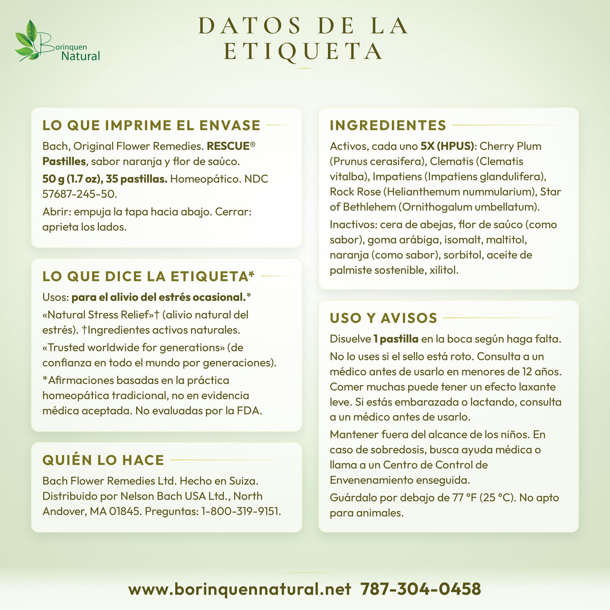 Datos de la etiqueta de Rescue Pastilles de Bach: lo que imprime la lata, ingredientes, uso, avisos y quién lo hace