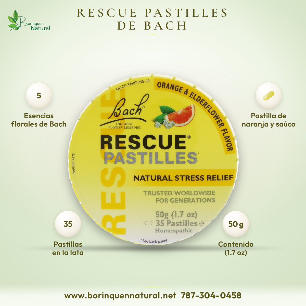 Rescue Pastilles de Bach: 5 esencias florales, pastilla de naranja y saúco, 35 pastillas, 50 g