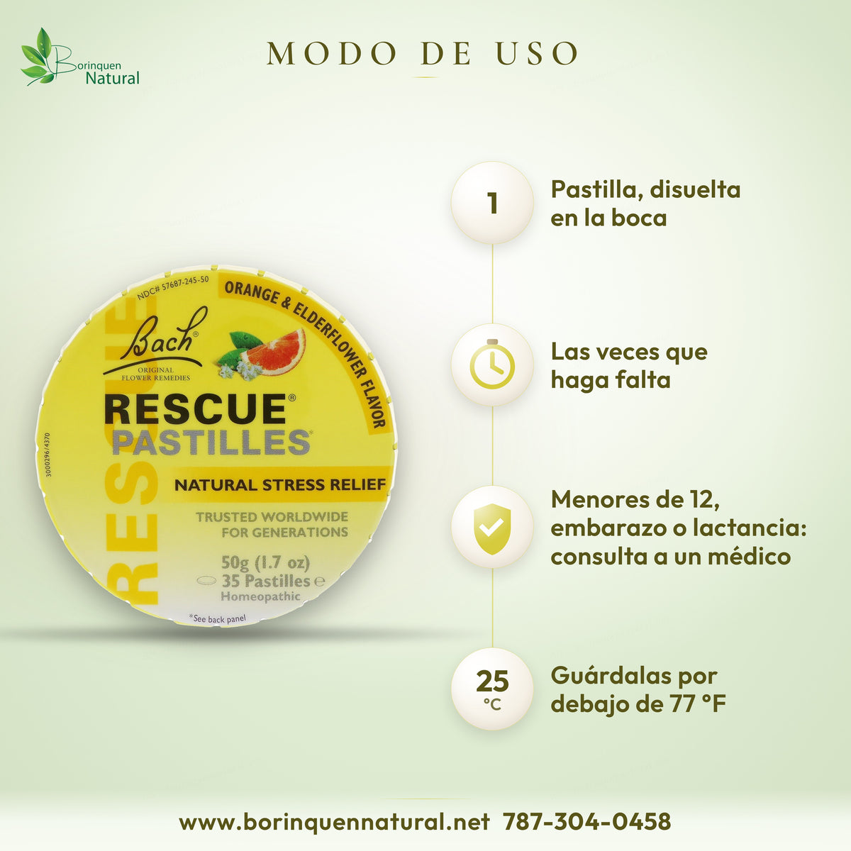 Modo de uso de Rescue Pastilles: 1 pastilla en la boca según haga falta; menores de 12, embarazo o lactancia: consultar