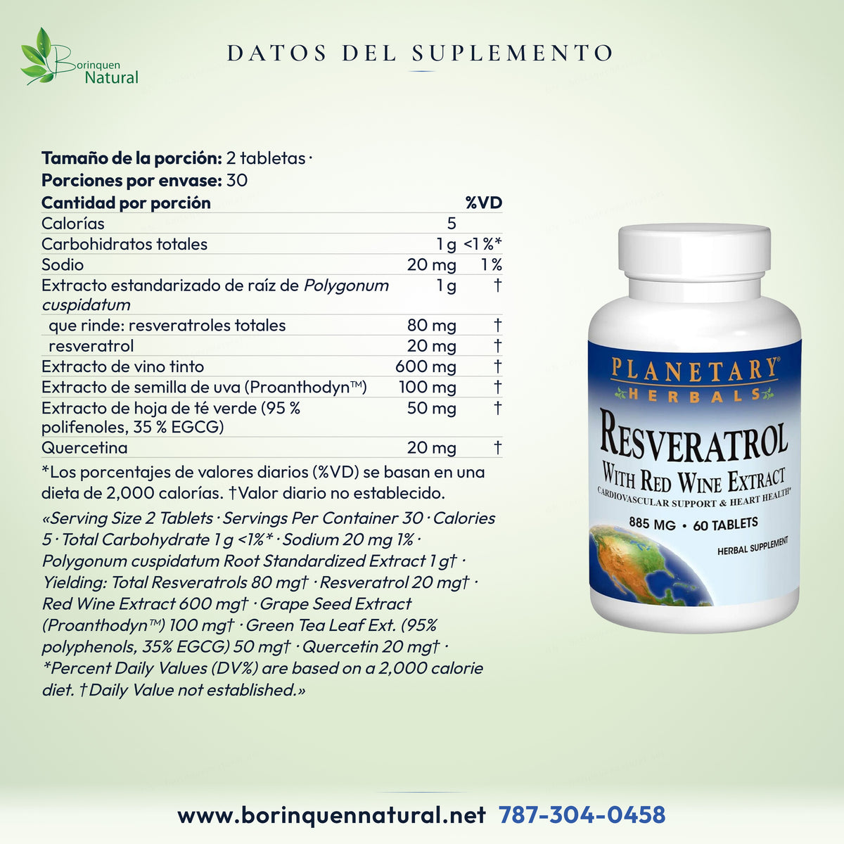 Datos del suplemento de Resveratrol Planetary Herbals: porción de 2 tabletas, 30 porciones, Polygonum cuspidatum 1 g y otros