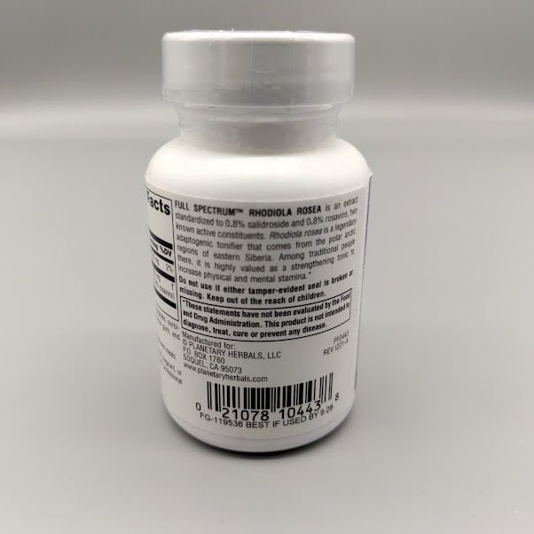 Rhodiola Rosea 327 mg 30 Tabletas para Energía y Estrés de Planetary Herbals — vista posterior del envase