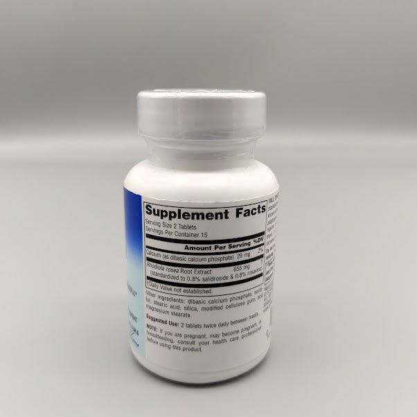 Rhodiola Rosea 327 mg 30 Tabletas para Energía y Estrés de Planetary Herbals — etiqueta con los ingredientes