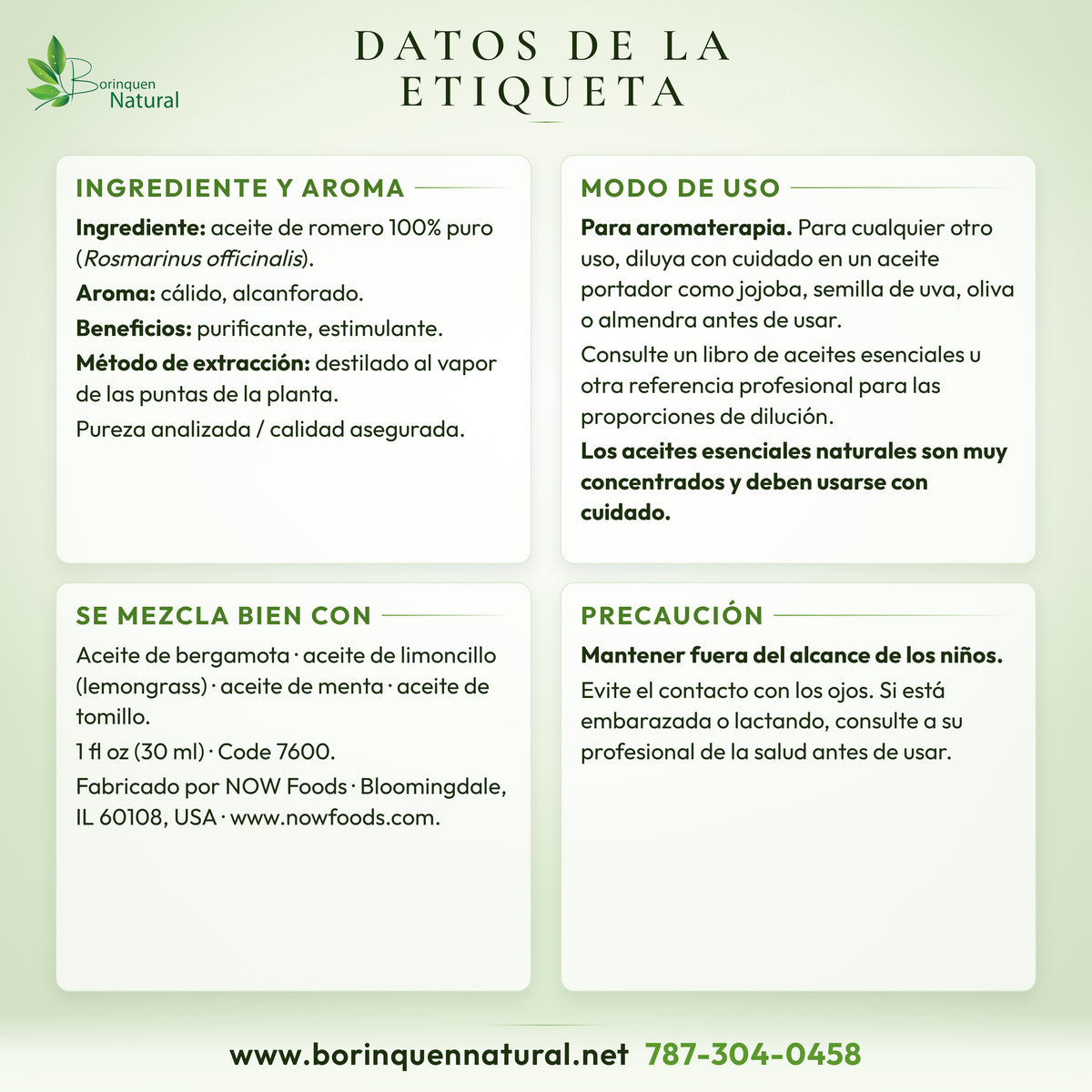 NOW rosemary oil label facts: ingredient, aroma, extraction, suggested use and caution