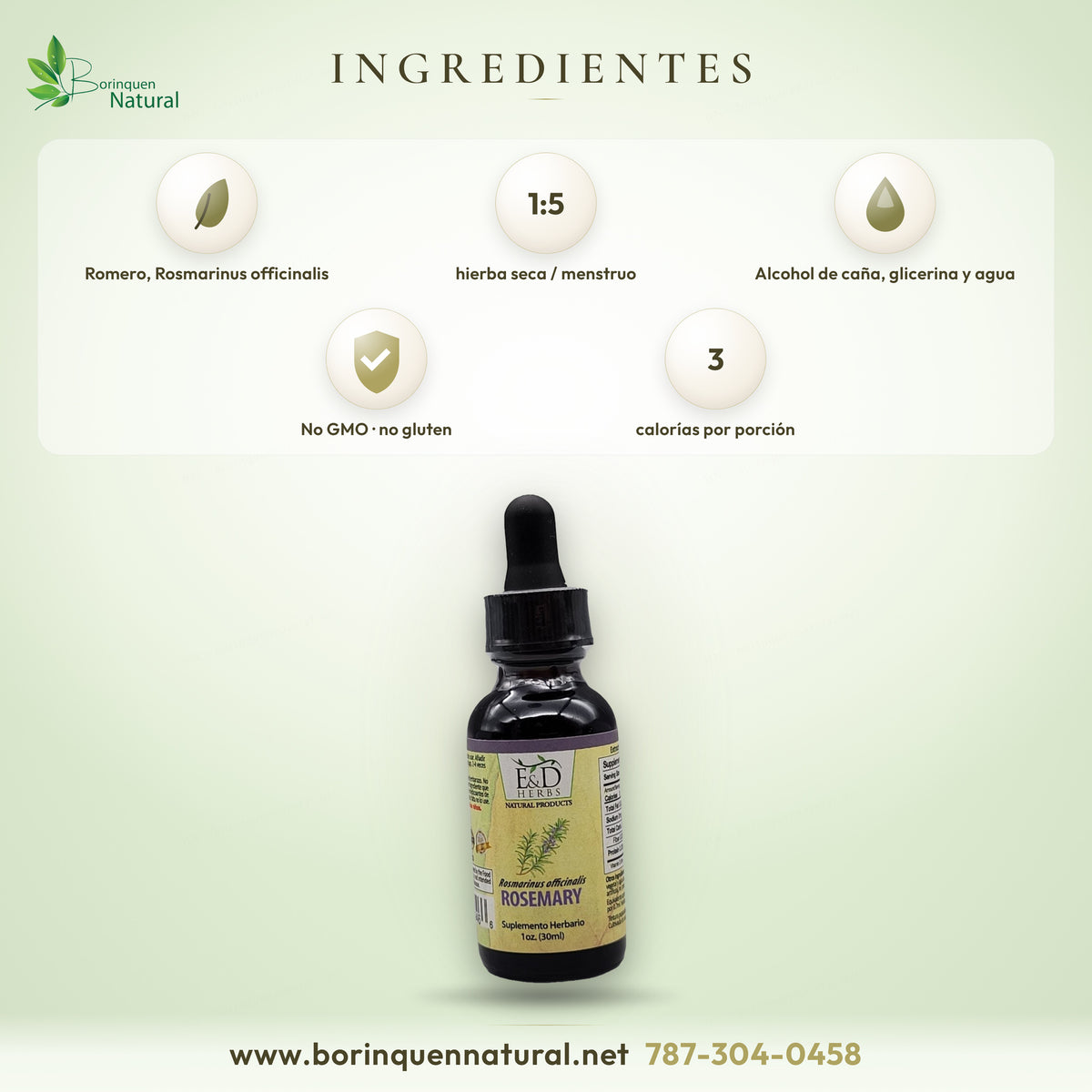 Ingredientes de las gotas de romero E&D Herbs: Rosmarinus officinalis 1:5, alcohol de caña, glicerina y agua