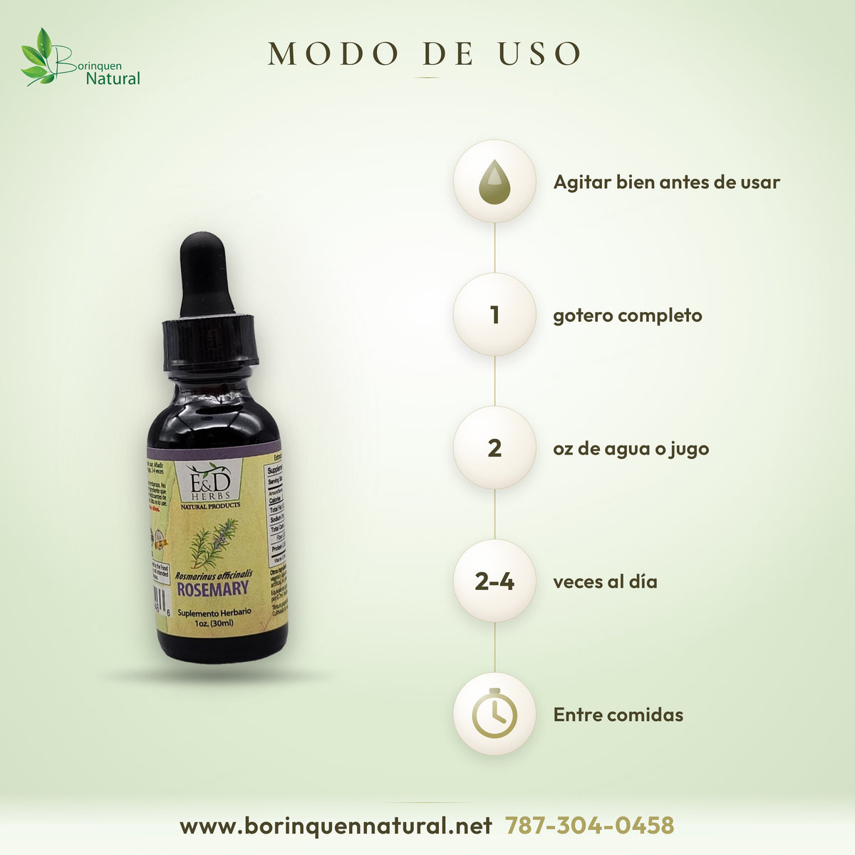 Modo de uso de las gotas de romero E&D Herbs: agitar, 1 gotero completo en 2 oz de agua o jugo, 2-4 veces al día