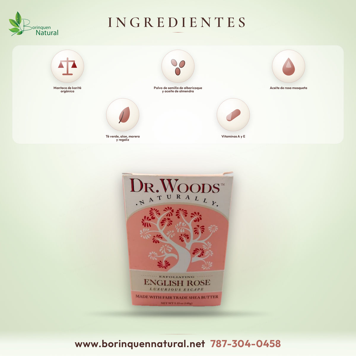 Ingredientes del jabón Dr. Woods English Rose: karité orgánico, albaricoque, almendra, rosa mosqueta, té verde y aloe