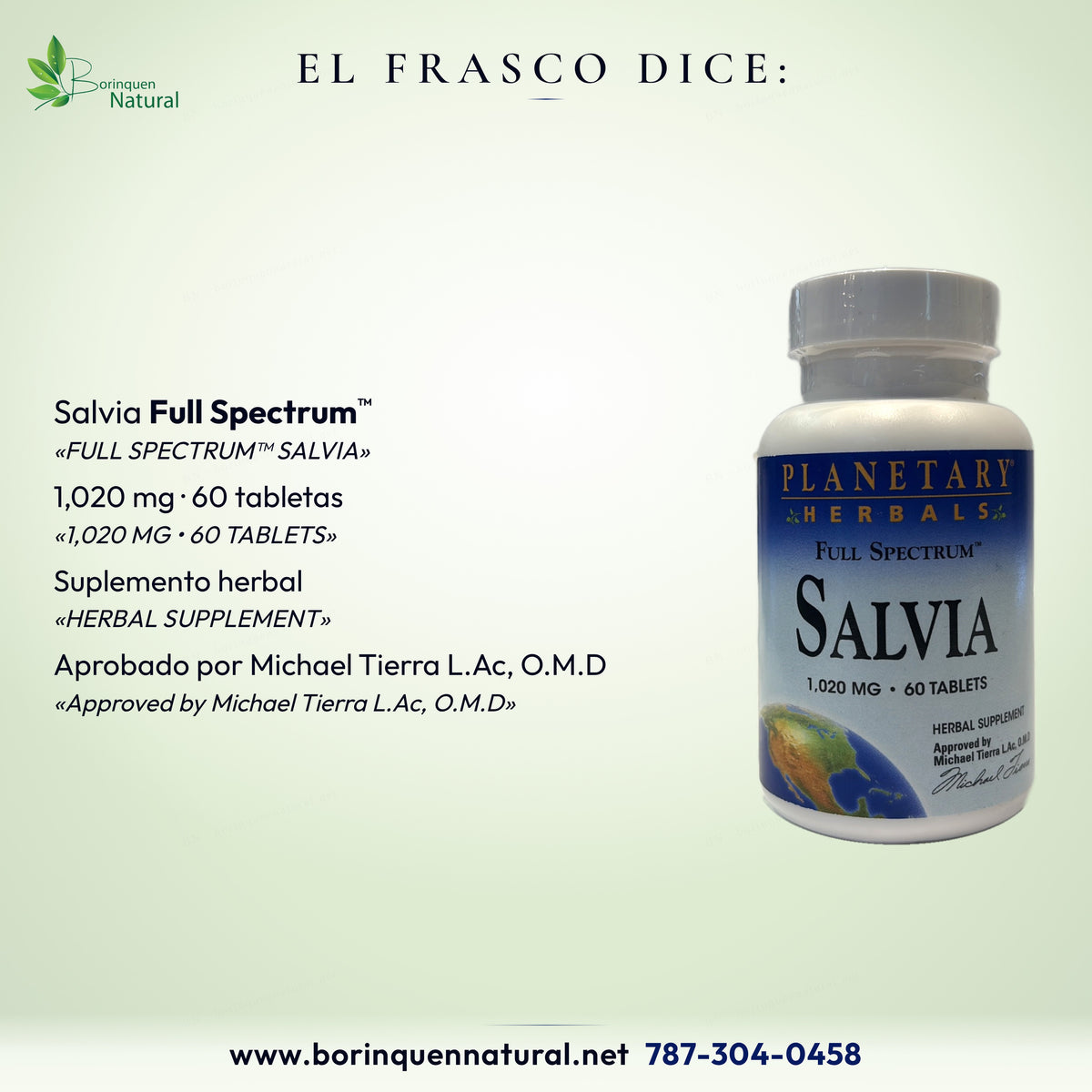 El frasco de Salvia Full Spectrum Planetary Herbals dice: 1,020 mg, 60 tabletas, suplemento herbal
