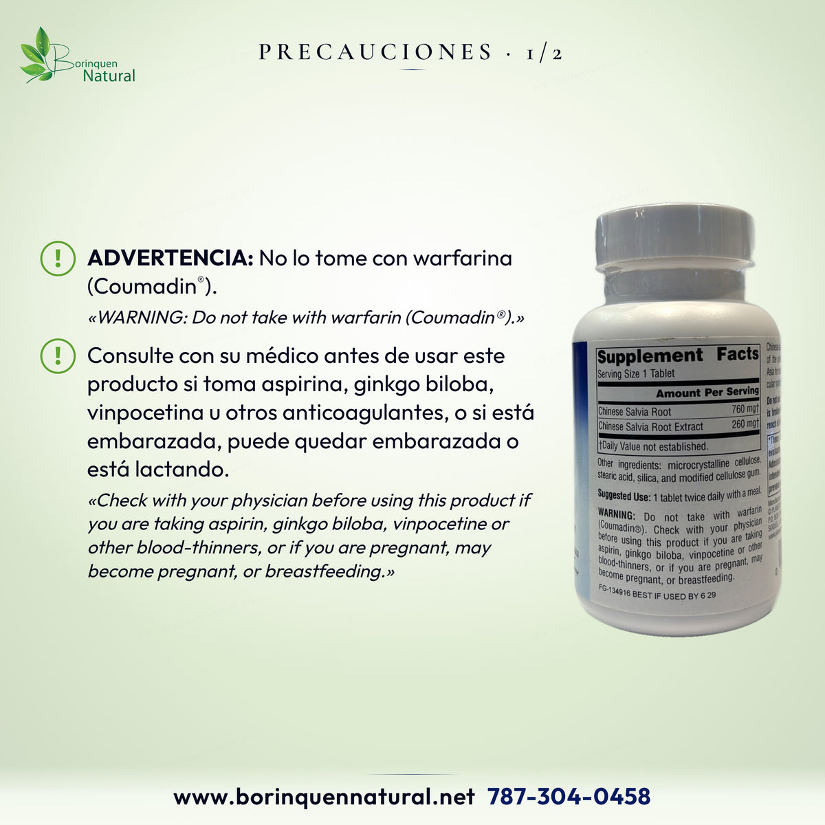 Precauciones de la Salvia Planetary Herbals: no tomar con warfarina; consulte a su médico si toma anticoagulantes