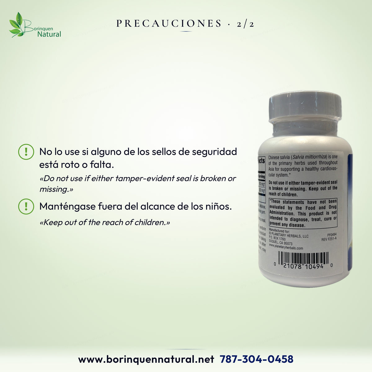 Precauciones de la Salvia Planetary Herbals: no usar si un sello está roto o falta; fuera del alcance de los niños