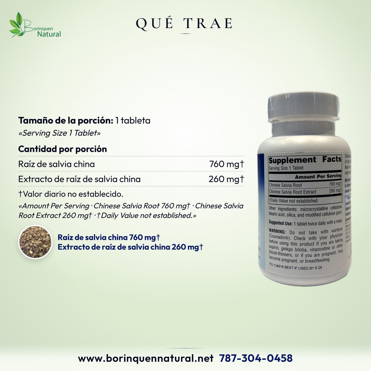 Qué trae la Salvia Planetary Herbals por tableta: 760 mg de raíz de salvia china y 260 mg de extracto de raíz