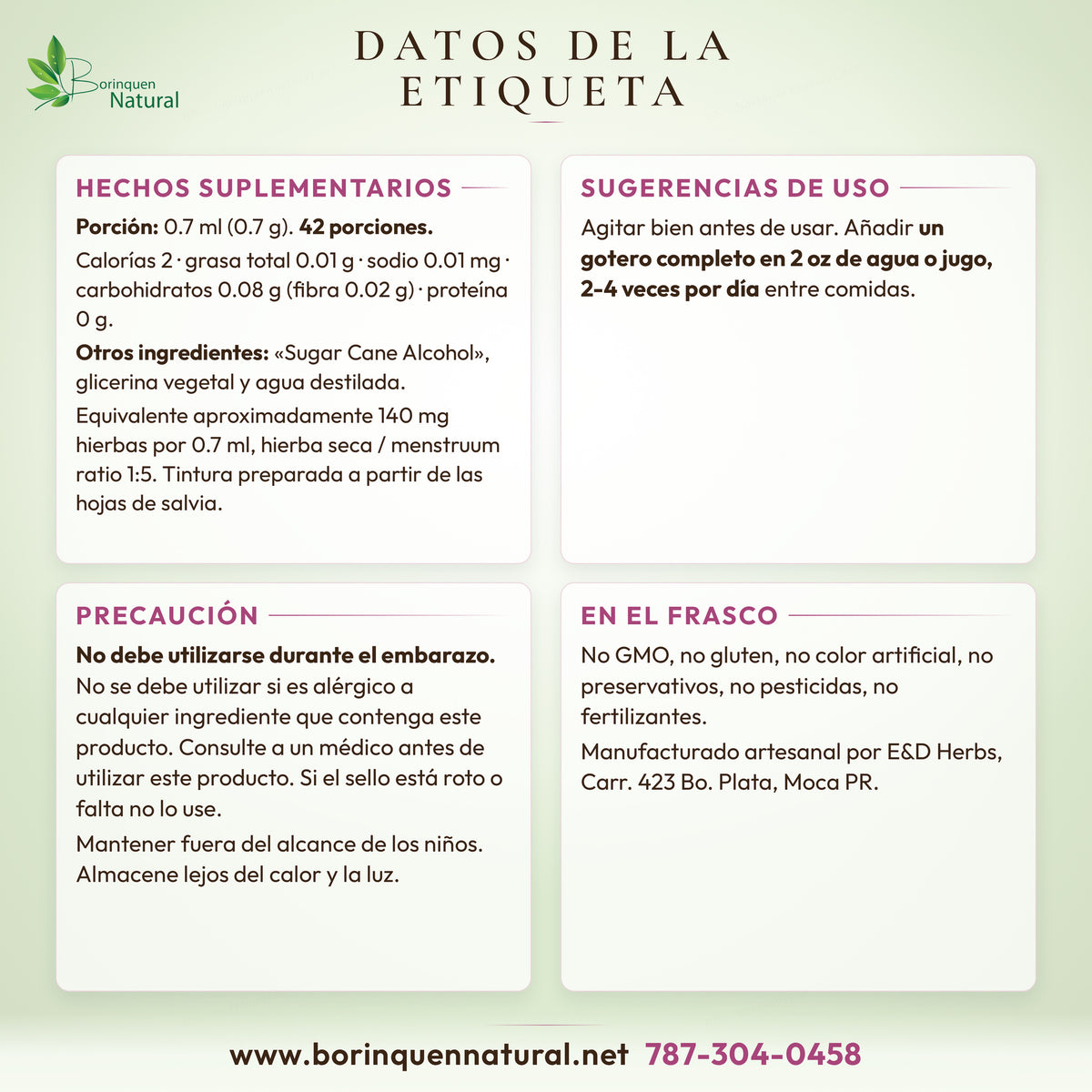Datos de la etiqueta del extracto de salvia E&D Herbs: hechos suplementarios, otros ingredientes, sugerencias de uso y precaución