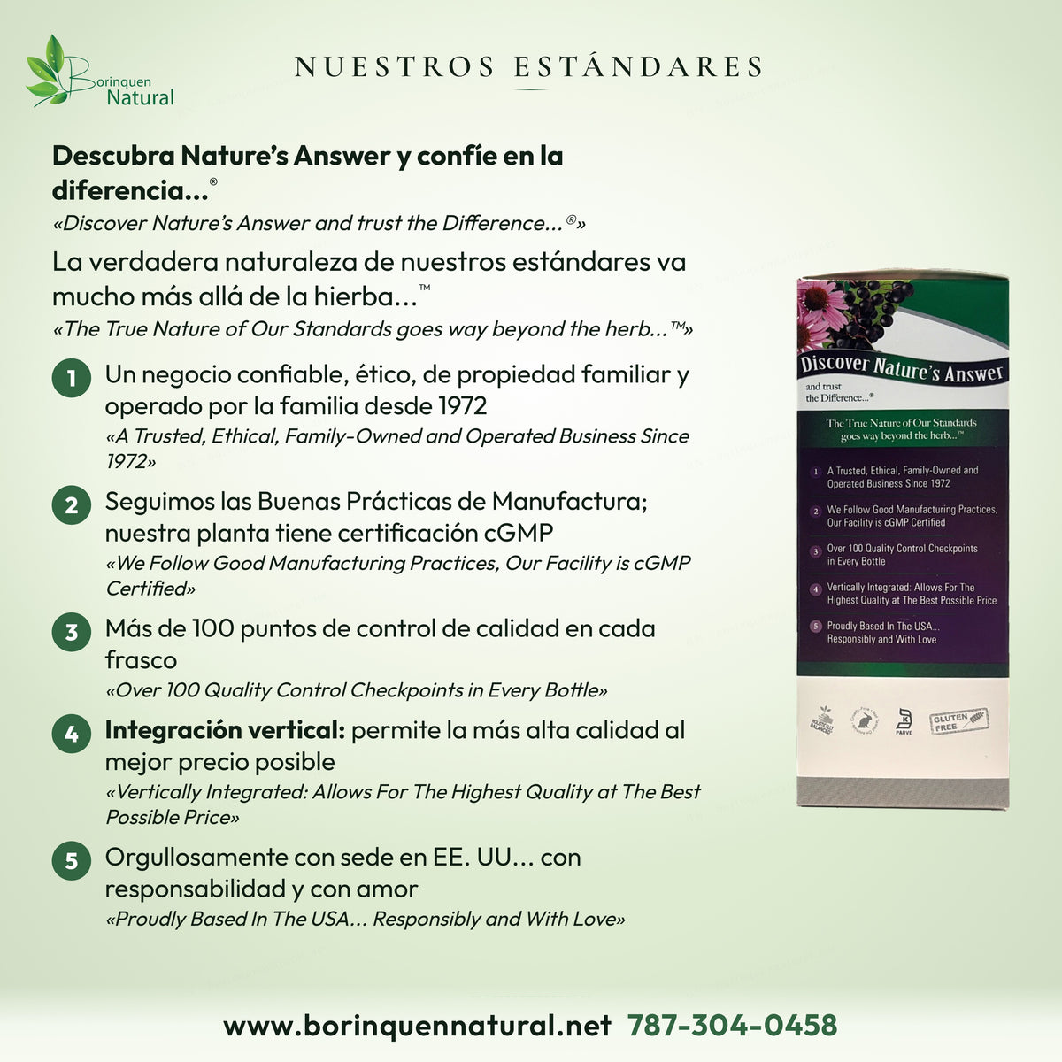 Estándares de Nature's Answer: empresa familiar desde 1972, planta cGMP y más de 100 controles de calidad por frasco