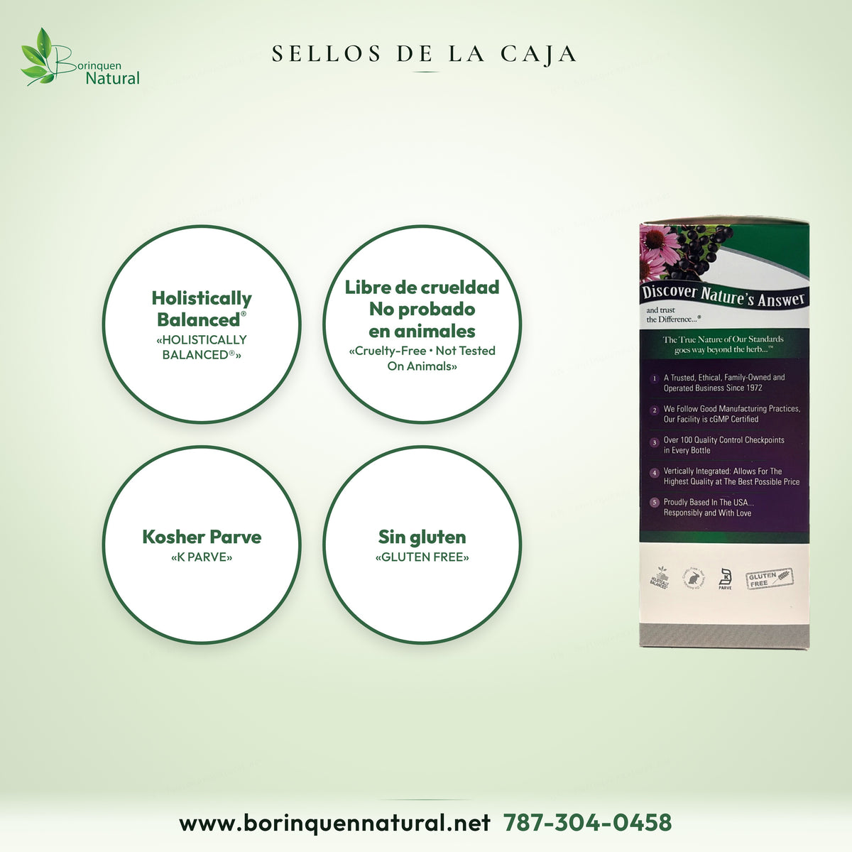 Sellos de la caja del Sambucus Immune: Holistically Balanced, libre de crueldad, Kosher Parve y sin gluten
