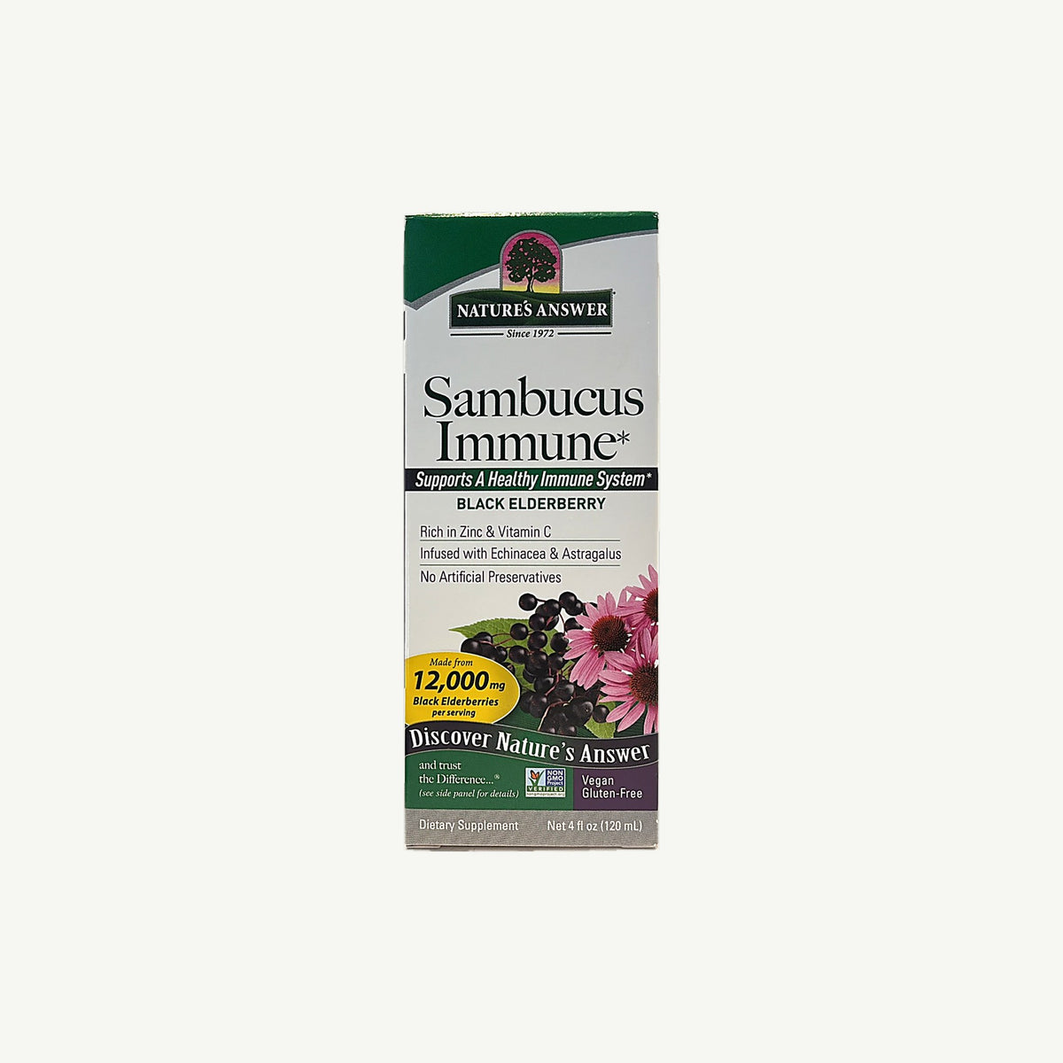 Frente de la caja del Sambucus Immune de Nature's Answer, saúco negro con zinc y vitamina C, 4 fl oz (120 mL)