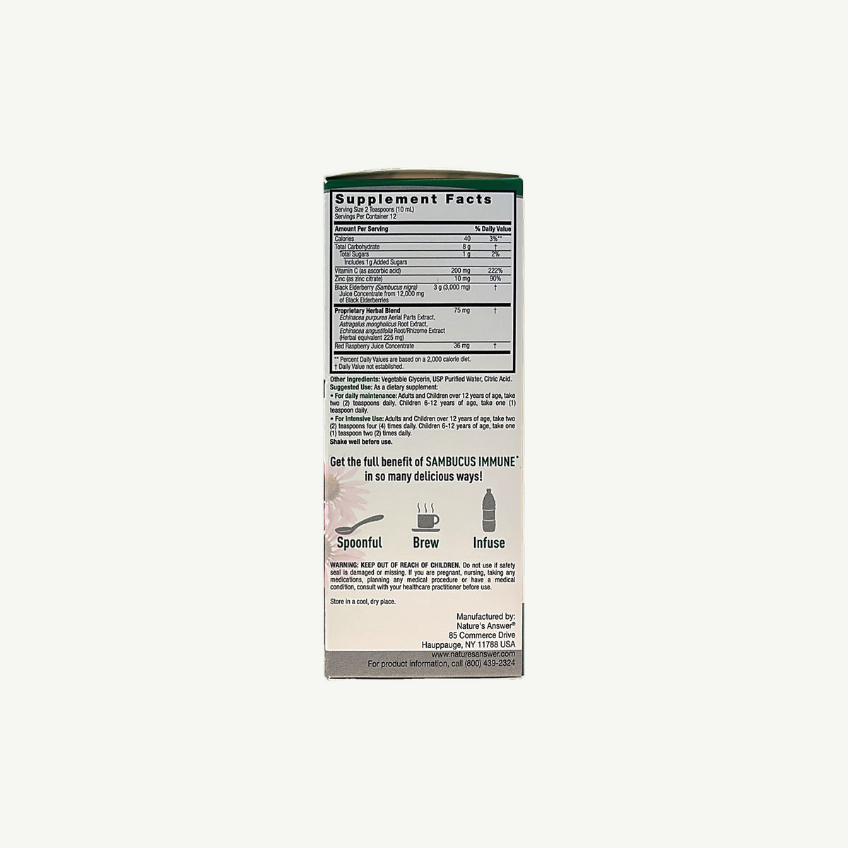 Panel de la caja del Sambucus Immune: Supplement Facts, otros ingredientes, modo de uso, advertencias y fabricante