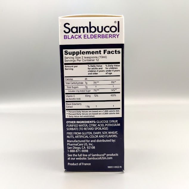 Sambucol Kids jarabe de saúco negro 4 oz con vitamina C — etiqueta con los ingredientes