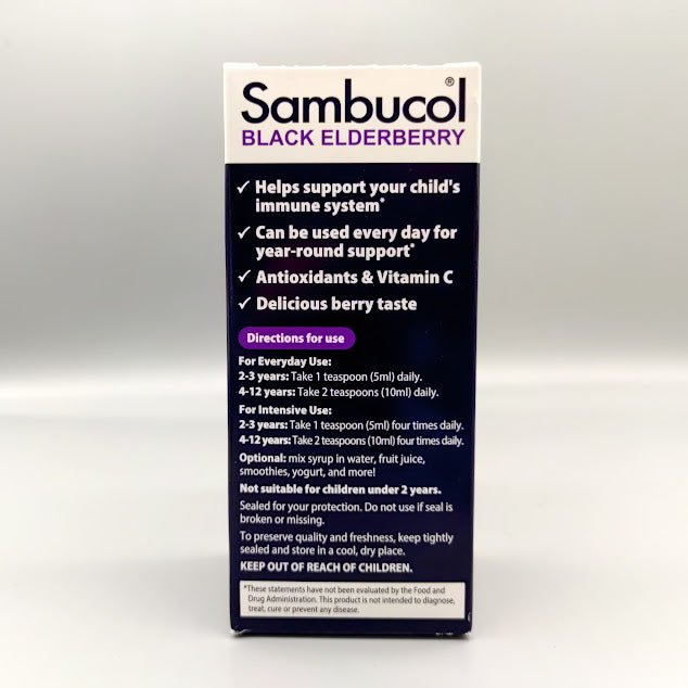 Caja Sambucol Kids: Helps support your child's immune system*, Directions for use por edad y avisos