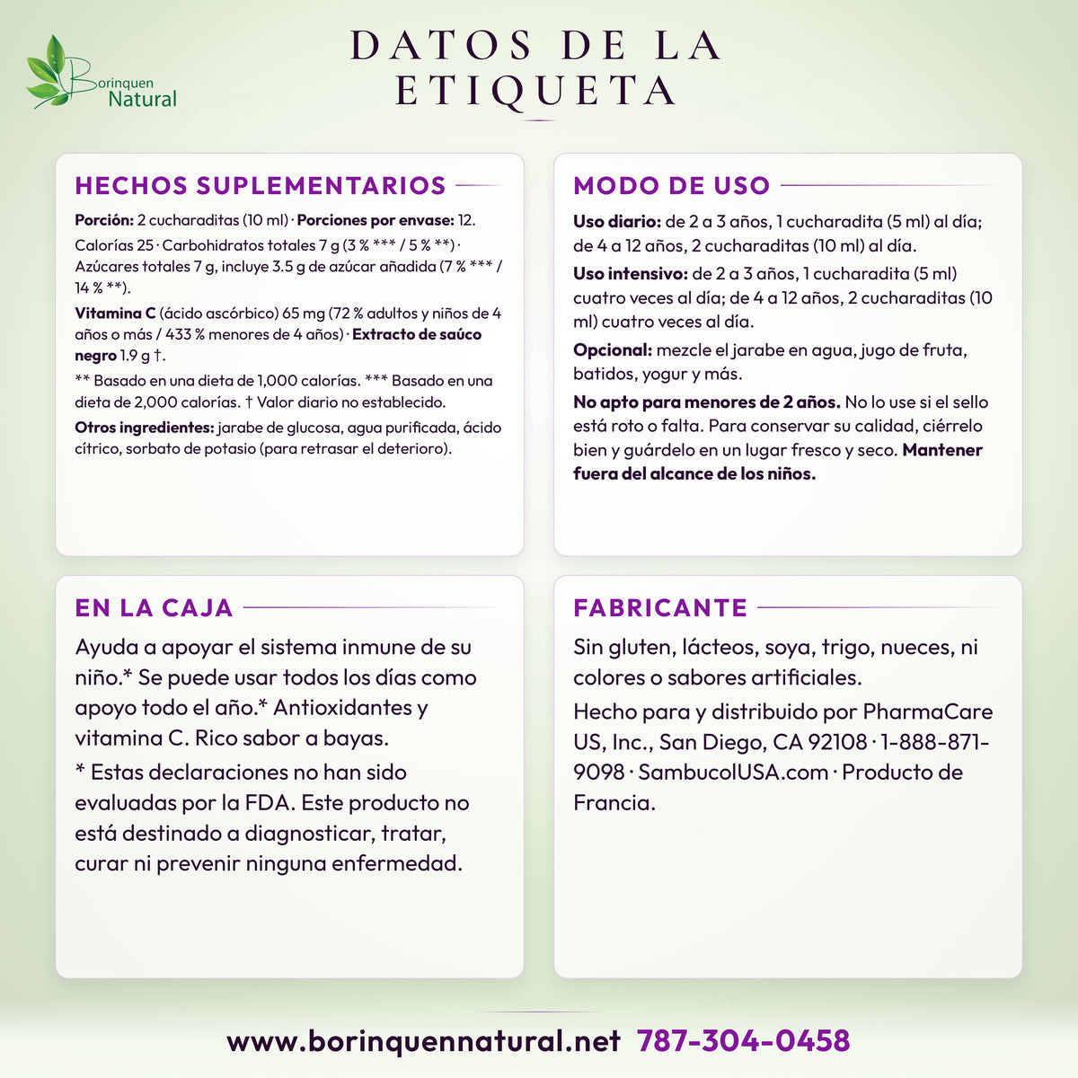 Datos de la etiqueta de Sambucol Kids: porción de 10 ml, 25 calorías, azúcares, vitamina C, saúco y otros ingredientes
