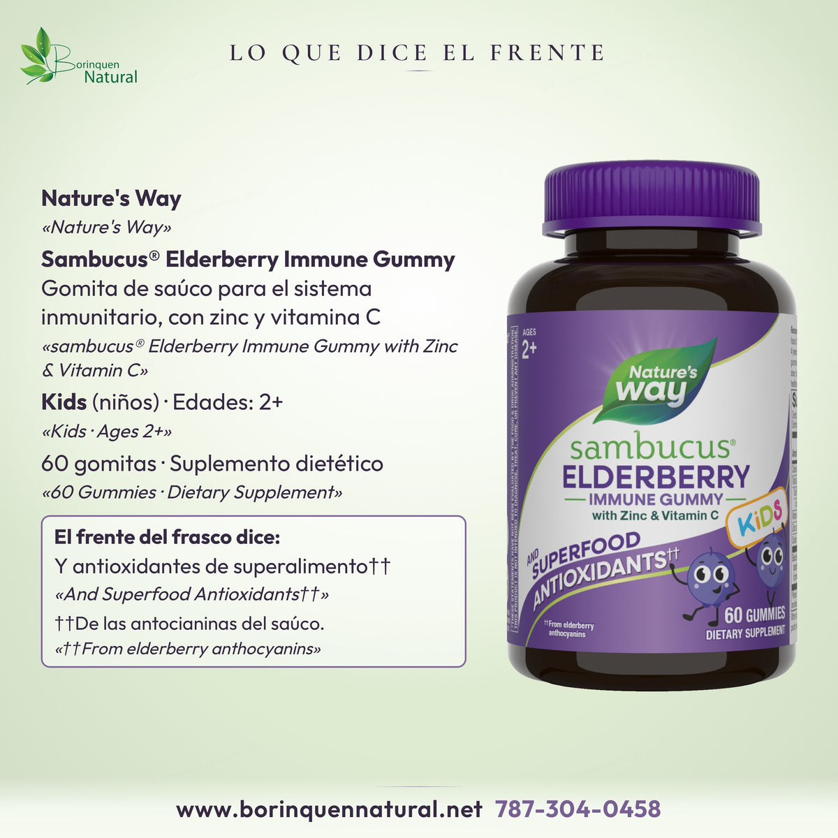 Lo que dice el frente del frasco de Sambucus Kids Nature's Way: gomita de saúco con zinc y vitamina C, edades 2+