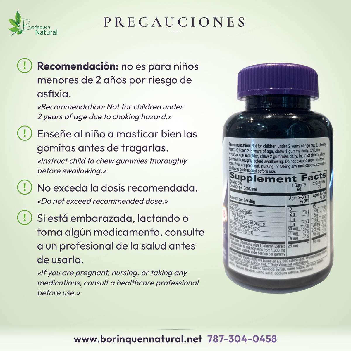Precauciones de Sambucus Kids Nature's Way: no es para menores de 2 años, masticar bien y consultar si está embarazada