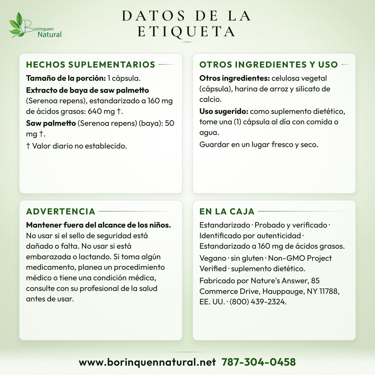 Saw Palmetto Estandarizado 690 mg Nature's Answer, 120 Cáps Veganas — vista lateral del envase