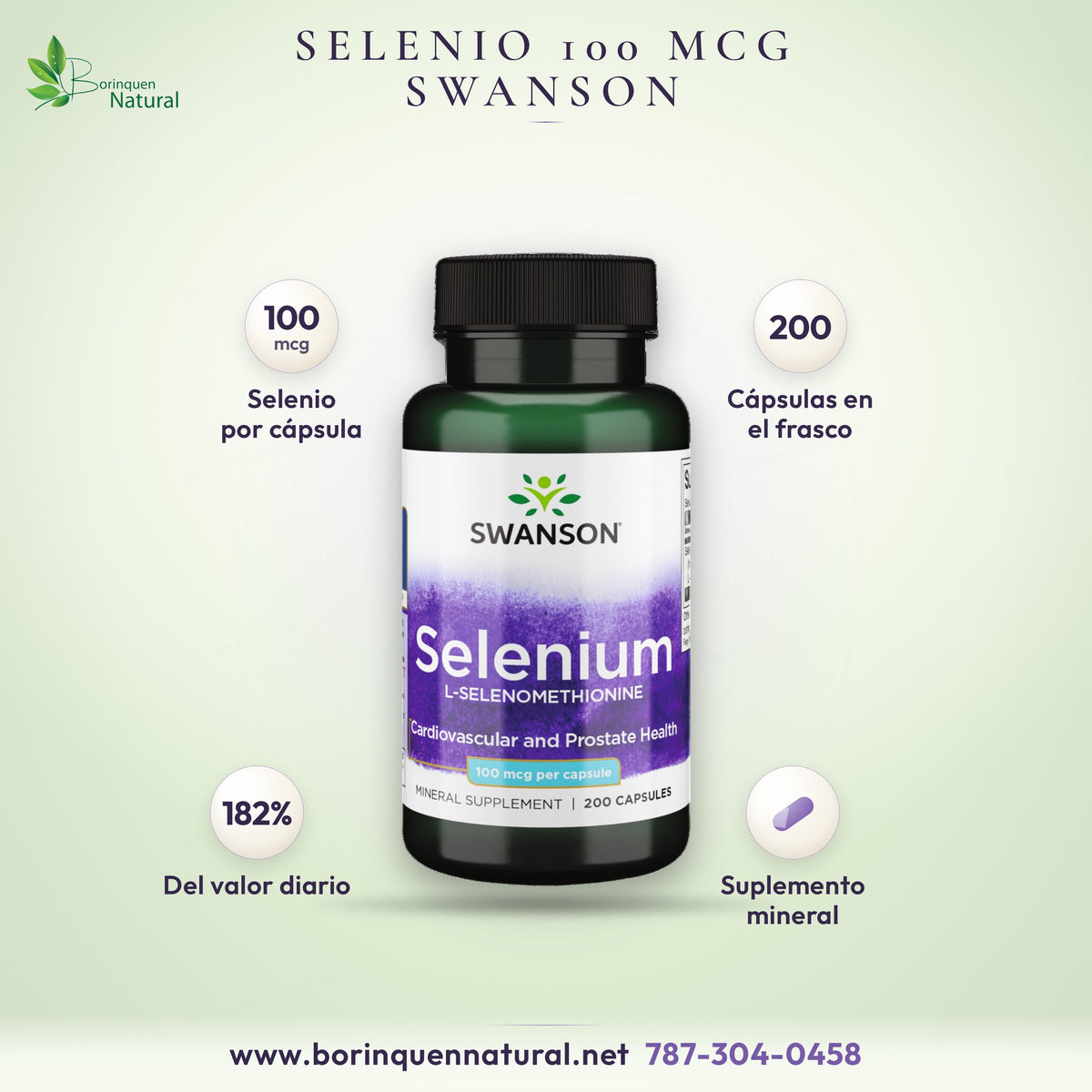 Selenio Swanson, 100 mcg de L-selenometionina por cápsula, frasco de 200 cápsulas