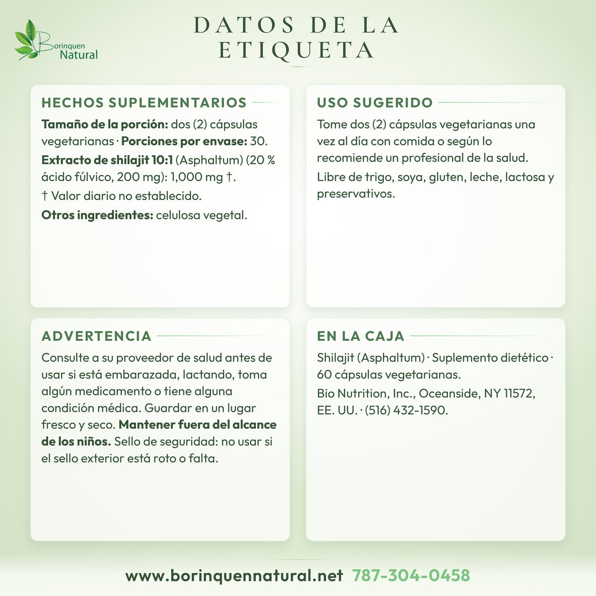 Datos de la etiqueta del Shilajit de Bio Nutrition: hechos suplementarios, otros ingredientes, uso sugerido y advertencia