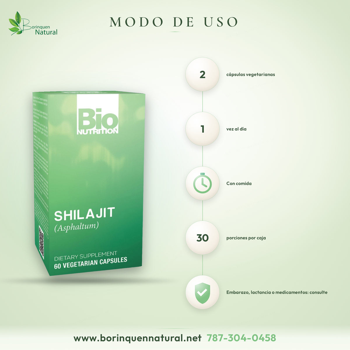 Modo de uso del Shilajit de Bio Nutrition: 2 cápsulas vegetarianas una vez al día con comida