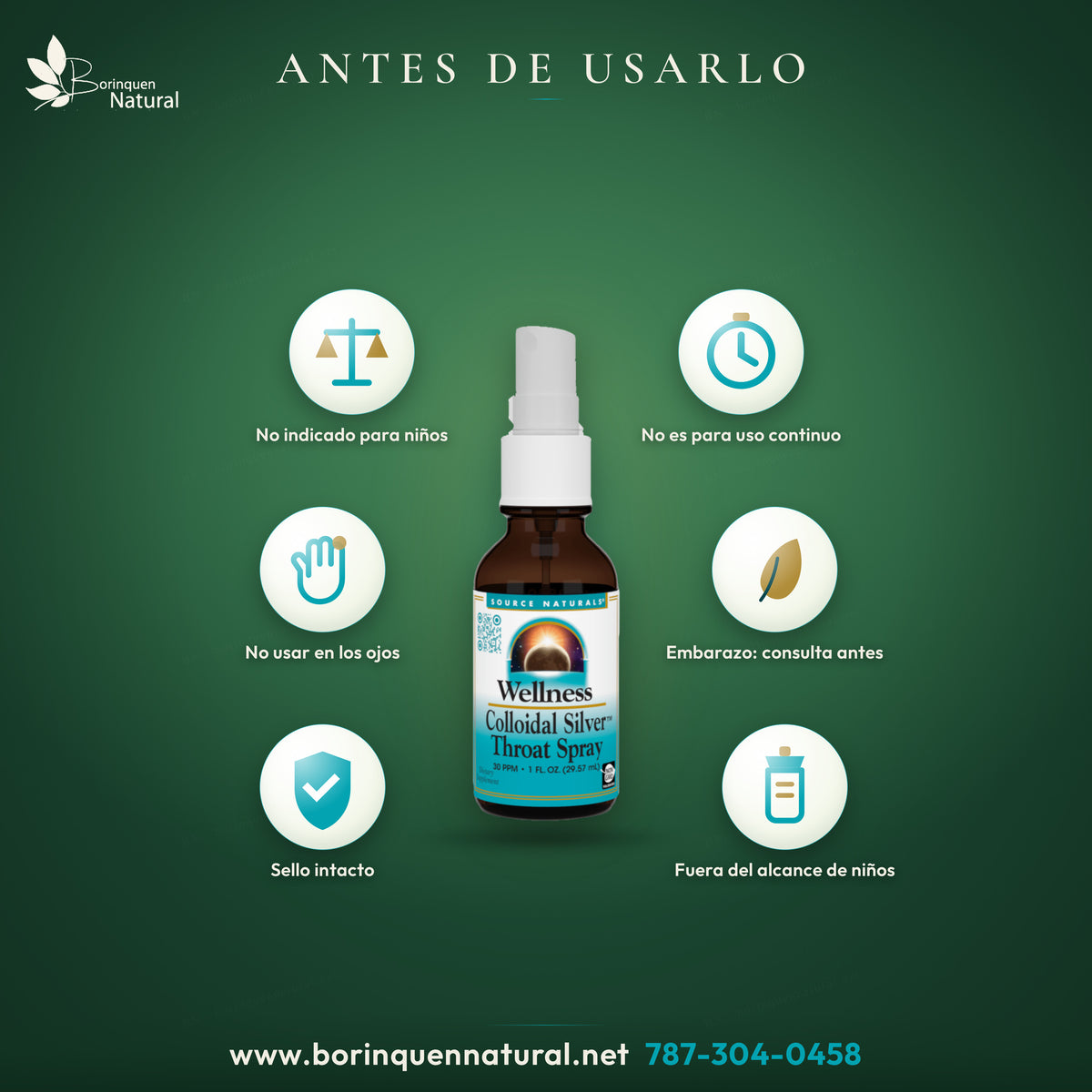 Avisos del spray de plata coloidal: no para niños ni uso continuo, no usar en los ojos, consultar si hay embarazo