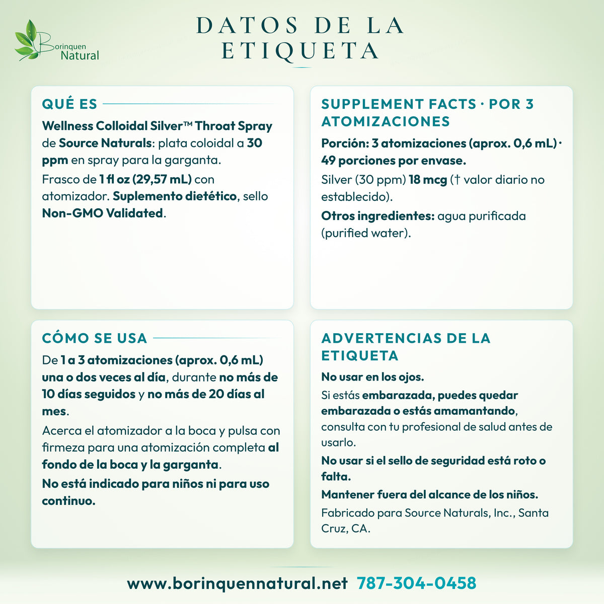 Etiqueta del Wellness Colloidal Silver Throat Spray de Source Naturals: Supplement Facts, uso y advertencias