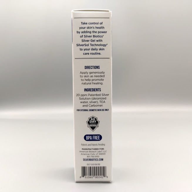 Silver Gel - SilverSol Nano-Silver Infused Hydrogel de Silver Biotics — etiqueta con los ingredientes (foto de archivo)