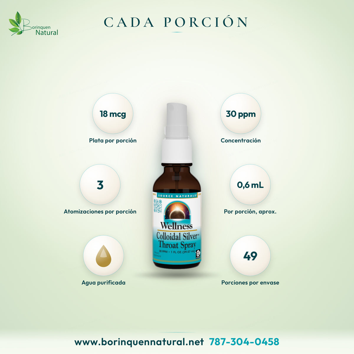 Supplement Facts del spray de plata coloidal: 18 mcg de plata por porción de 3 atomizaciones, a 30 ppm, en agua purificada