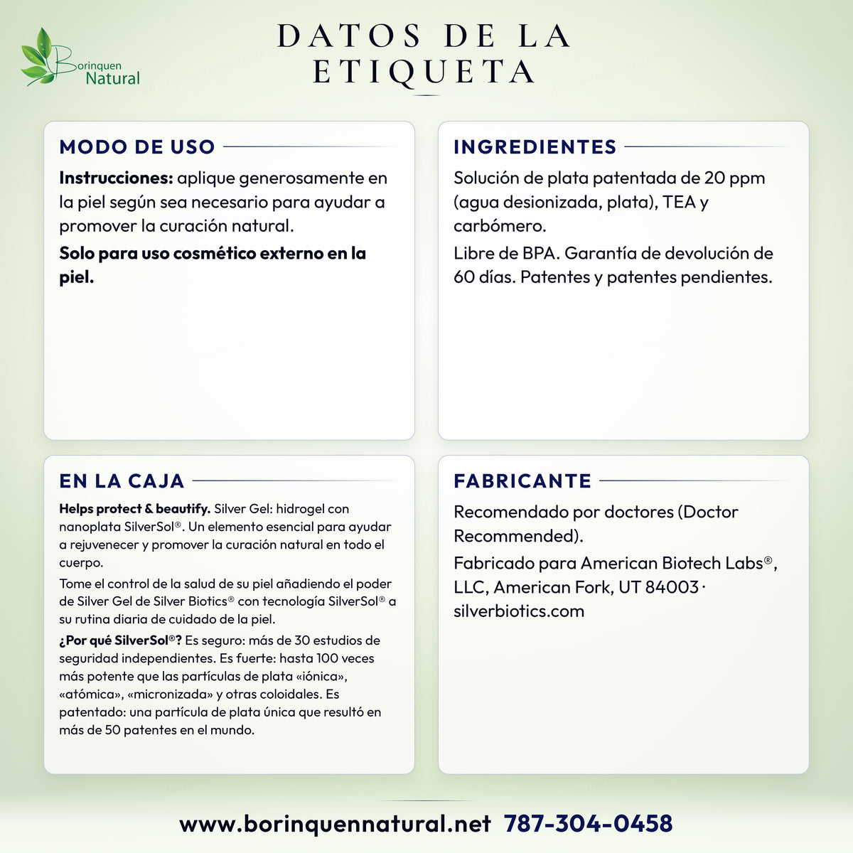 Datos de la etiqueta de Silver Gel Silver Biotics: modo de uso, ingredientes y lo que dice la caja