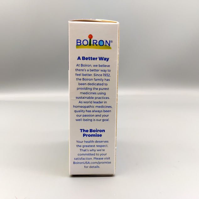 Side of SleepCalm box: Boiron logo, A Better Way and The Boiron Promise