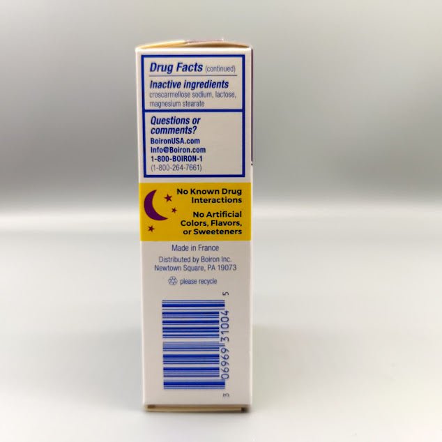 Side of SleepCalm box: inactive ingredients, No Known Drug Interactions, Made in France and barcode 3 06969 31004 5