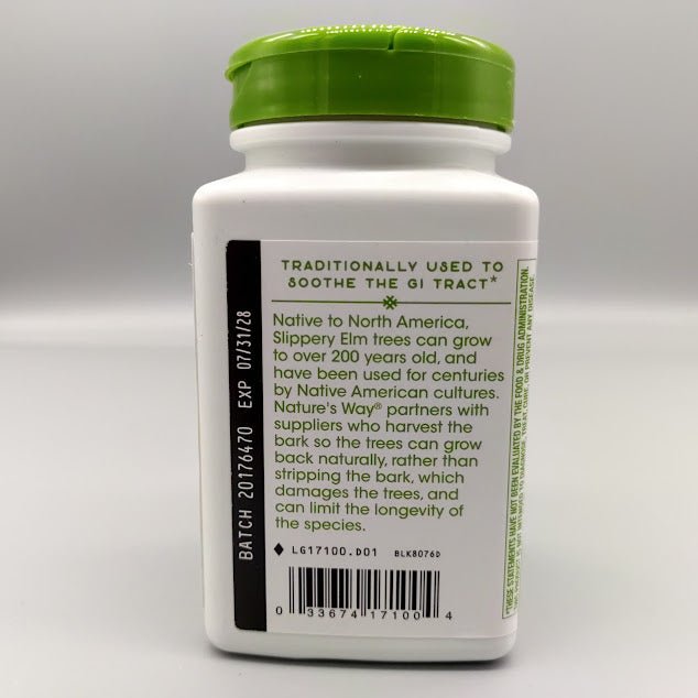 Slippery Elm bottle: brand text about the bark, FDA statement and barcode 0 33674 17100 4