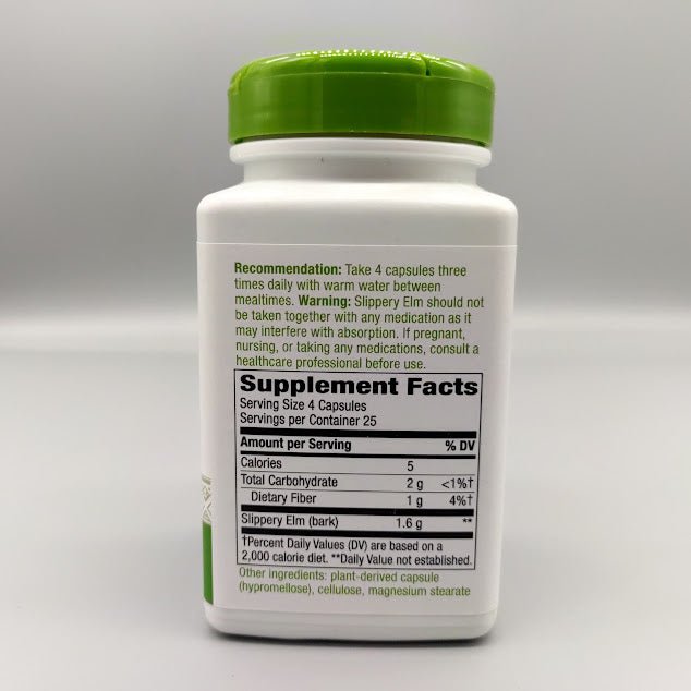 Slippery Elm bottle: Recommendation 4 capsules three times daily, Warning and Supplement Facts 1.6 g