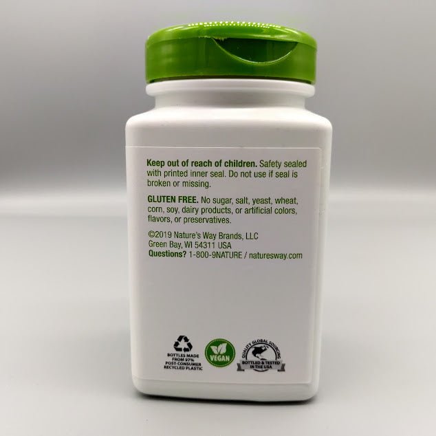 Slippery Elm bottle: Keep out of reach of children, Gluten free, Nature's Way Brands, Vegan, 97% recycled