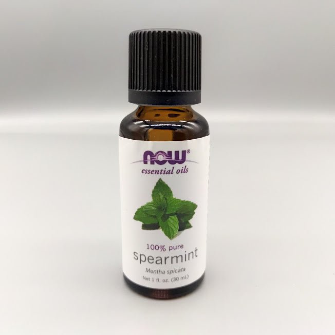Front of the NOW essential oils spearmint 100% pure bottle, Mentha spicata, 1 fl. oz. (30 mL)