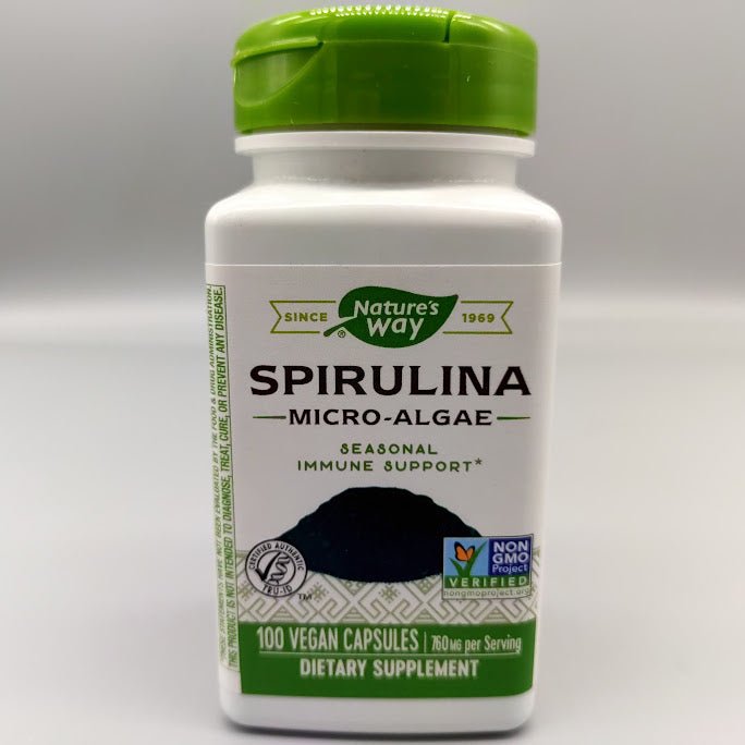 Spirulina Micro Algae 100 Veg Cap 760 MG Nature’s Way (foto de archivo)