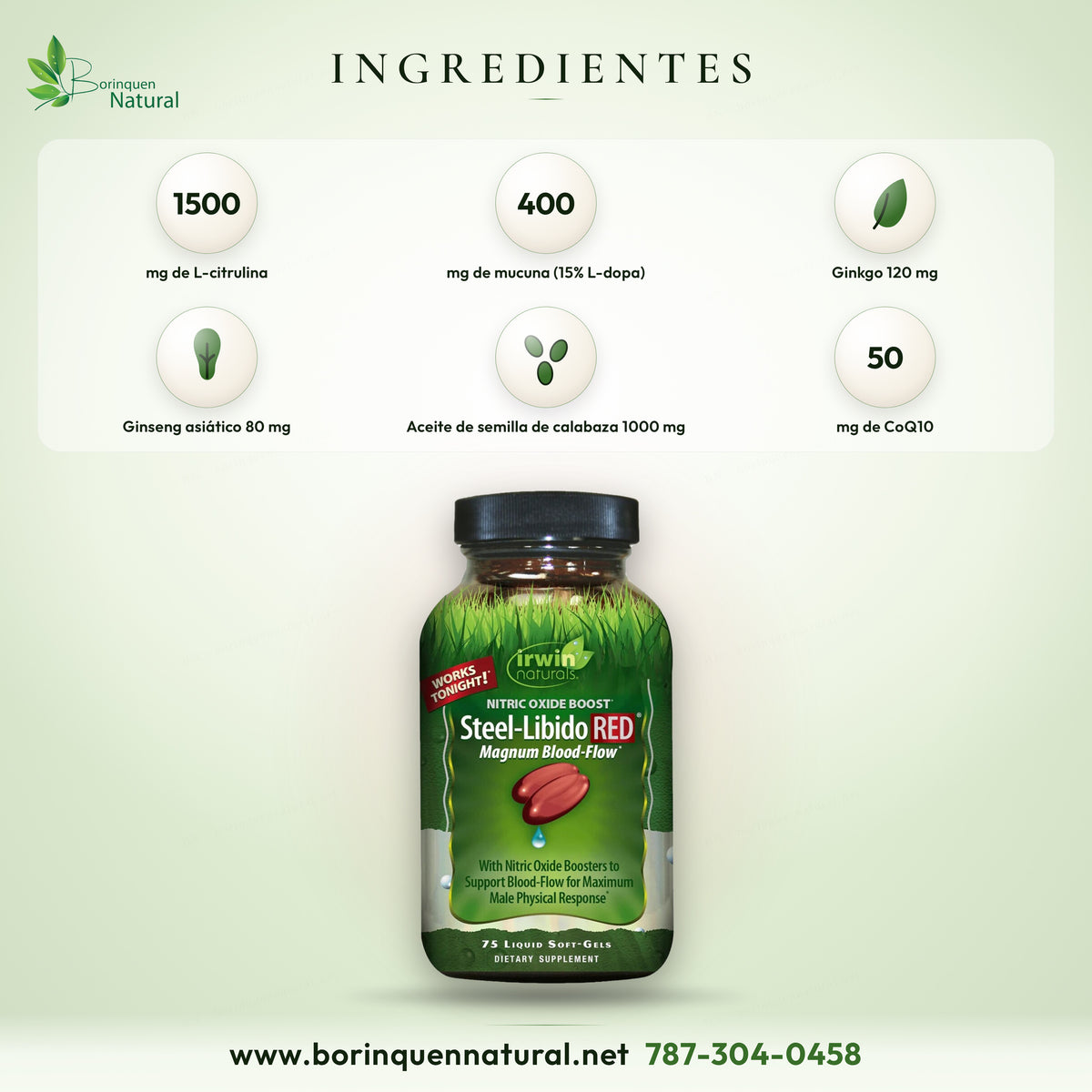 Ingredientes de Steel-Libido RED: L-citrulina 1500 mg, aceite MCT, aceite de semilla de calabaza, mucuna, ginkgo, L-teanina, teobromina, ginseng, cayena, CoQ10 y SOD